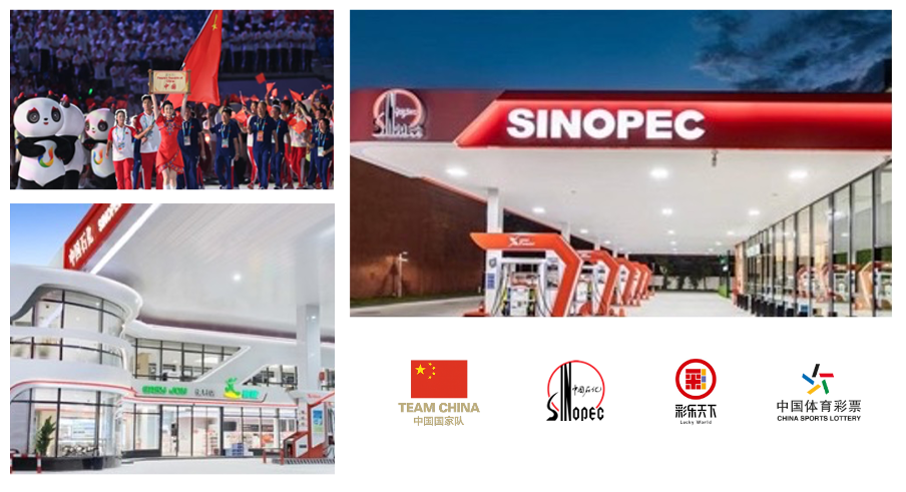 Photo 1 - TEAM CHINA celebrating at Olympics, Photo 2 and 3 - Sinopec Petrol Stations, Logos for TEMA CHINa, Sinopec, Lucky World and China Sports Lottery